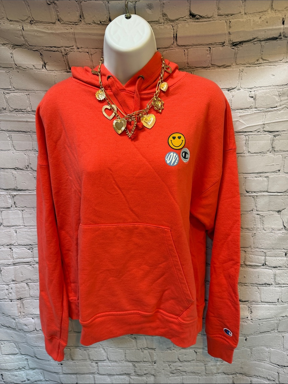 Champion Coral Peach Heart Smiley Love Patch Hoodie Size M